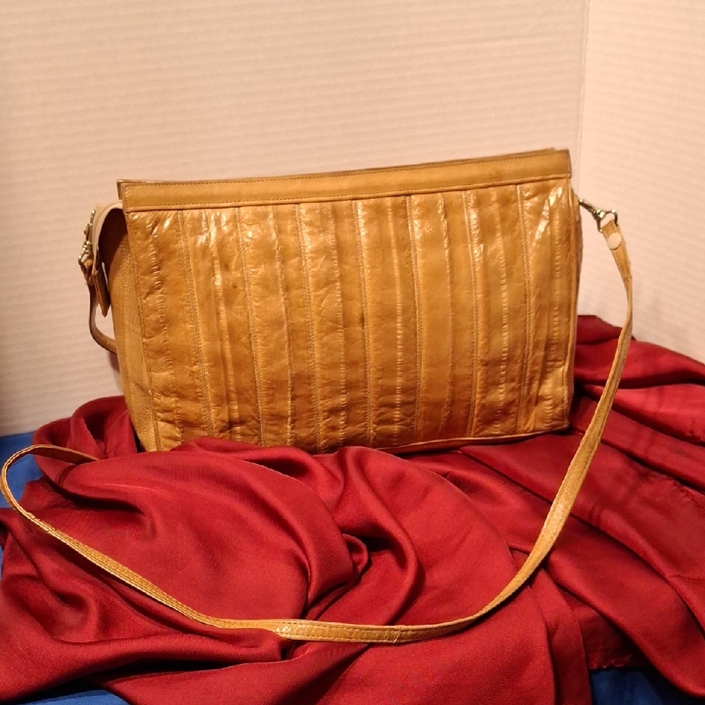 Eelskin Vintage Tan Crossbody Shoulder Clutch Bag Removable Strap 10x6
